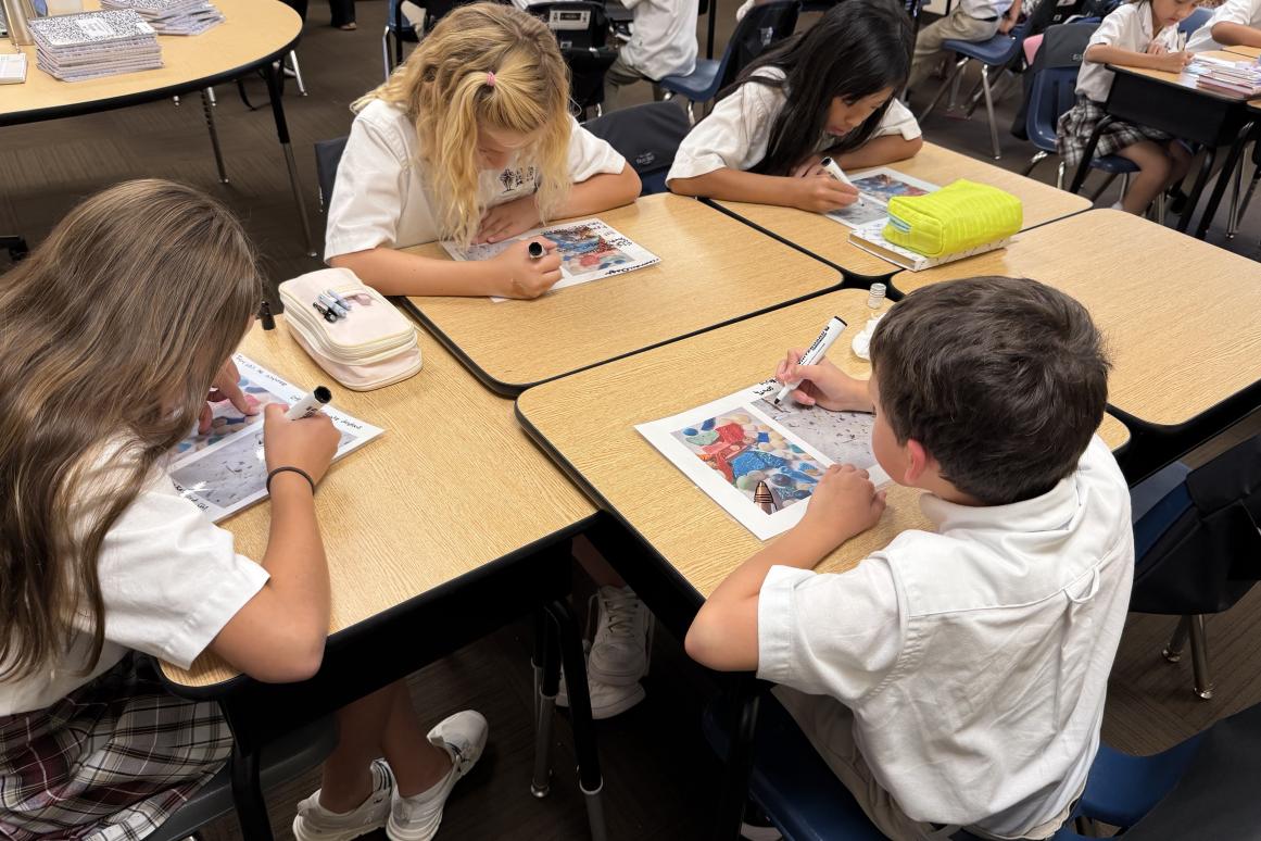 Students use a print-out to identify nurdles, to practice before completing the nurdle survey on a beach.